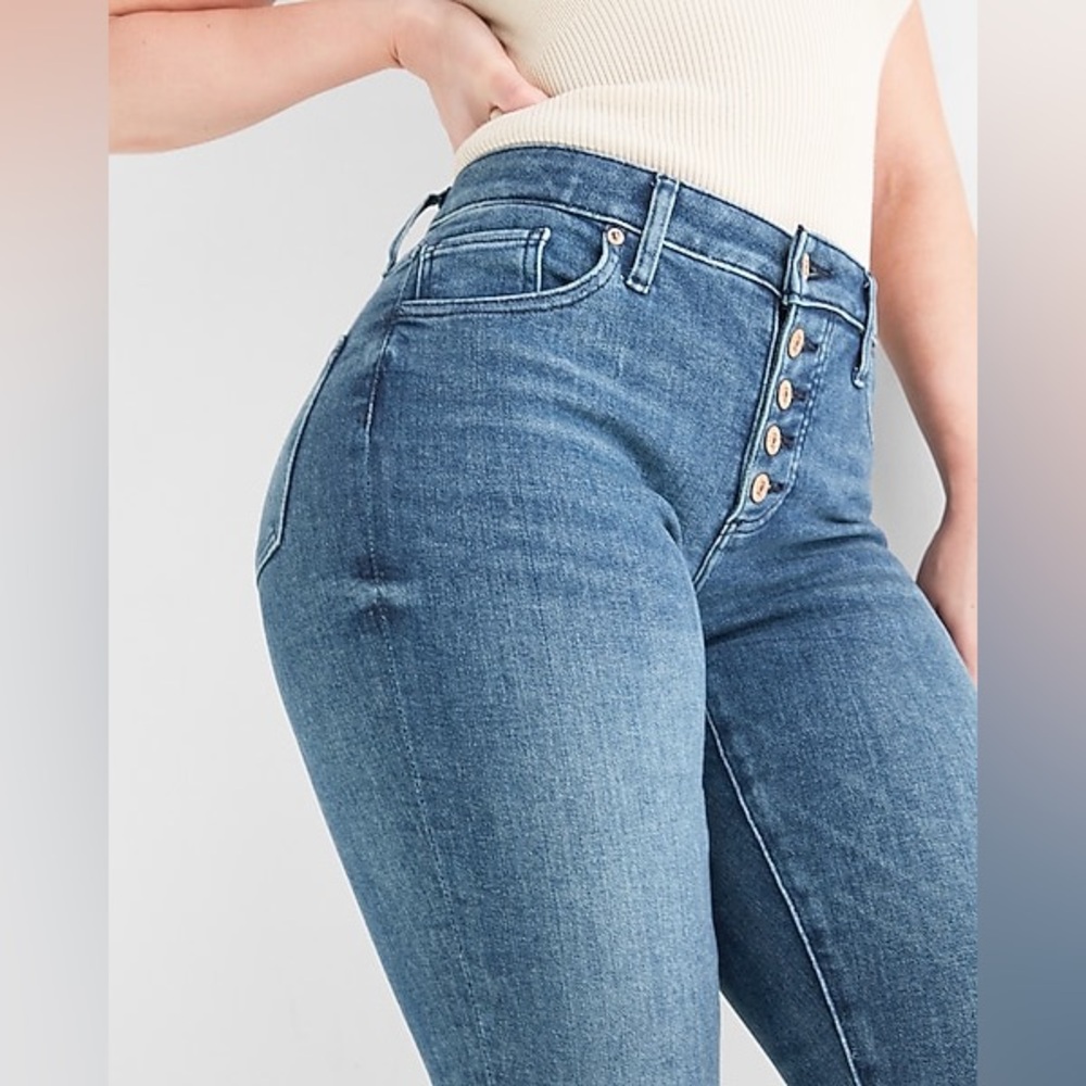 Express Super High-Rise Button-Fly Mom Jeans in Medium Blue